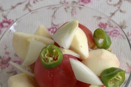 tomatoes, apples, onions and chili